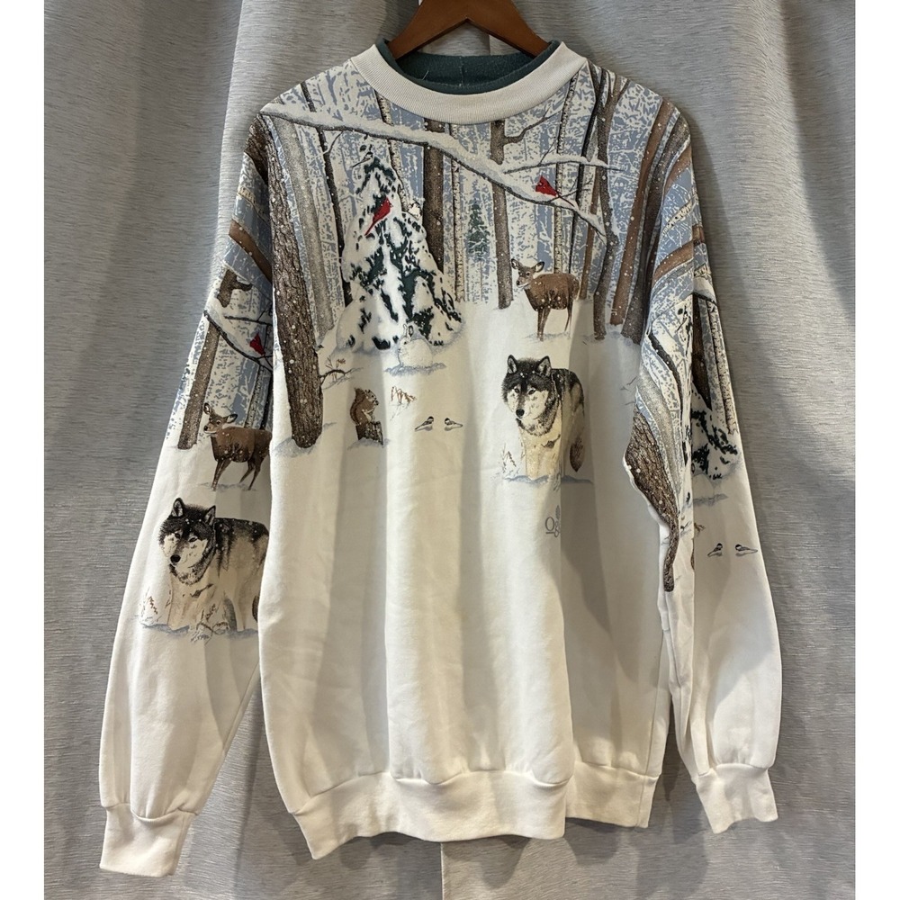 Vintage Artisans Sunschein Designs Winter Forest Wolf Deer Sweatshirt 90s XXL